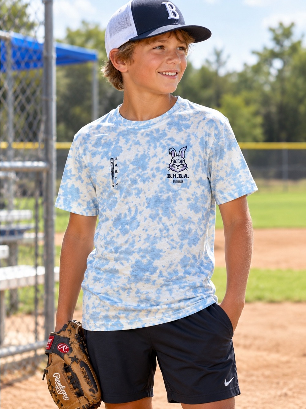 Baseballism B.H.B.A. Youth Tie-Dye Bunny Graphic Tee - Light Blue & White YL NWT